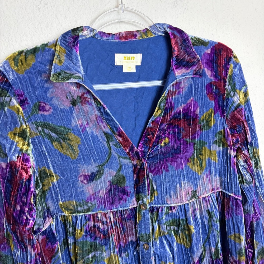 Maeve Anthropologie Floral Crushed Velvet Tunic Top Blue Purple XSP Petite